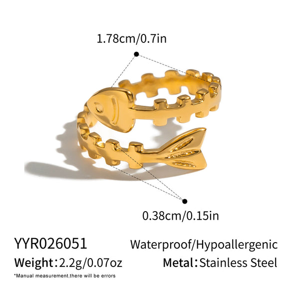 Minimalist Stainless Steel Fishbone Open Ring With Goldplated Finish Vacuum Electroplated Unisex Jewelry