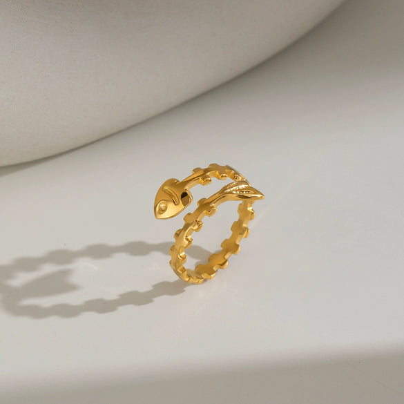 Minimalist Stainless Steel Fishbone Open Ring With Goldplated Finish Vacuum Electroplated Unisex Jewelry