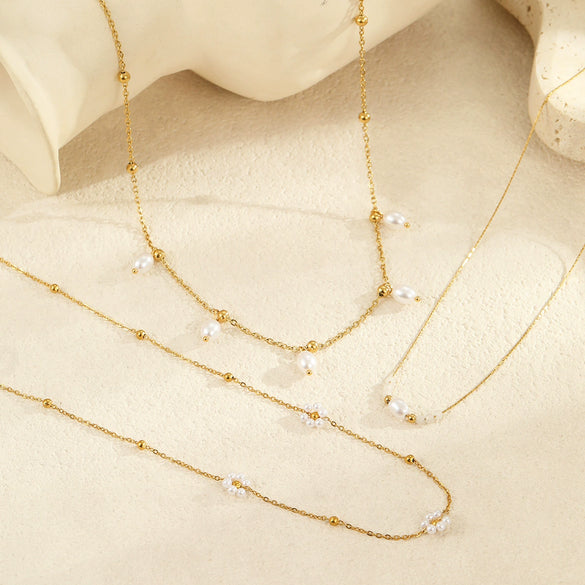 Minimalist Stainless Steel Necklace With Faux Pearl Pendant Geometric Design Electroplated For Women