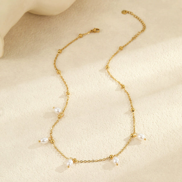 Minimalist Stainless Steel Necklace With Faux Pearl Pendant Geometric Design Electroplated For Women
