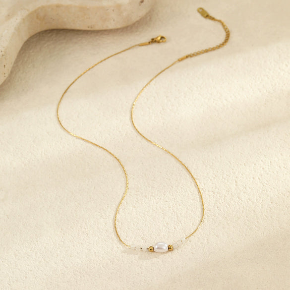 Minimalist Stainless Steel Necklace With Faux Pearl Pendant Geometric Design Electroplated For Women
