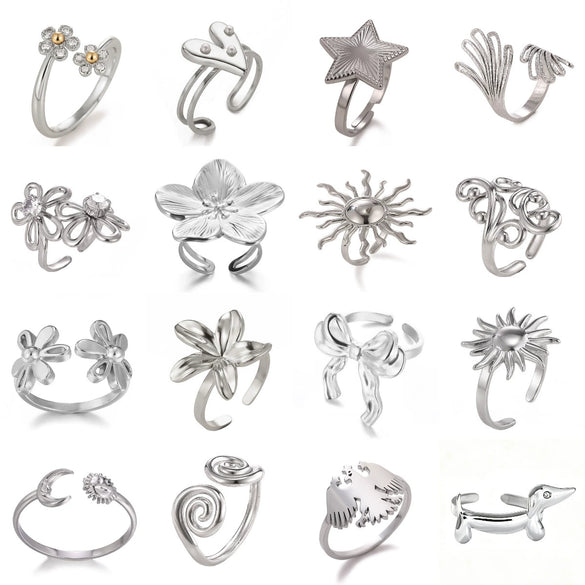 Minimalist Stainless Steel Open Ring With Sun Heart Floral And Animal Cutout Design White Gold Plated Adjustable Unisex Fashion Jewelry