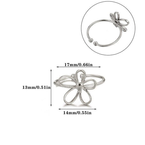 Minimalist Stainless Steel Open Ring With Sun Heart Floral And Animal Cutout Design White Gold Plated Adjustable Unisex Fashion Jewelry
