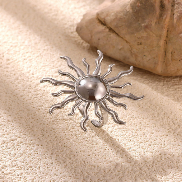 Minimalist Stainless Steel Open Ring With Sun Heart Floral And Animal Cutout Design White Gold Plated Adjustable Unisex Fashion Jewelry