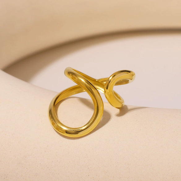Minimalist Stainless Steel Ring With 18K Gold Double Water Drop Line Asymmetric Geometric Design Electroplated