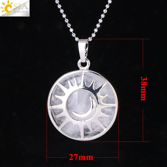 Minimalist Sun And Moon Round Pendant Necklace With Natural Stone Copper Ball Chain Electroplated Symbol Jewelry