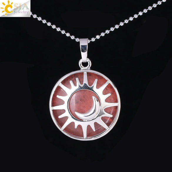 Minimalist Sun And Moon Round Pendant Necklace With Natural Stone Copper Ball Chain Electroplated Symbol Jewelry