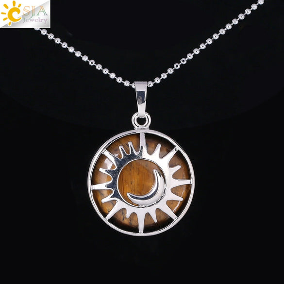 Minimalist Sun And Moon Round Pendant Necklace With Natural Stone Copper Ball Chain Electroplated Symbol Jewelry