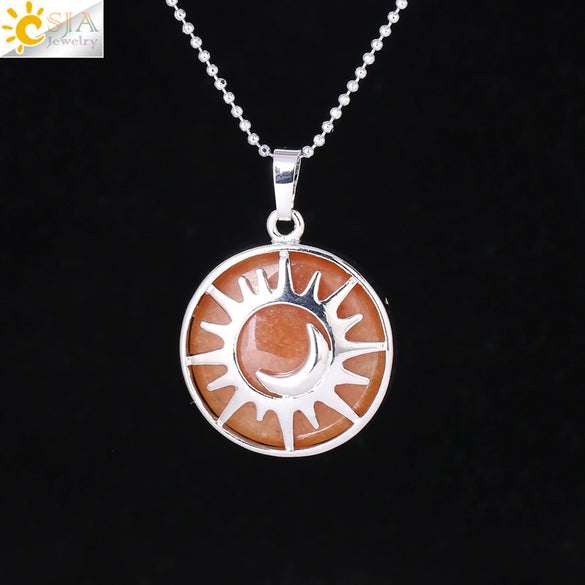 Minimalist Sun And Moon Round Pendant Necklace With Natural Stone Copper Ball Chain Electroplated Symbol Jewelry