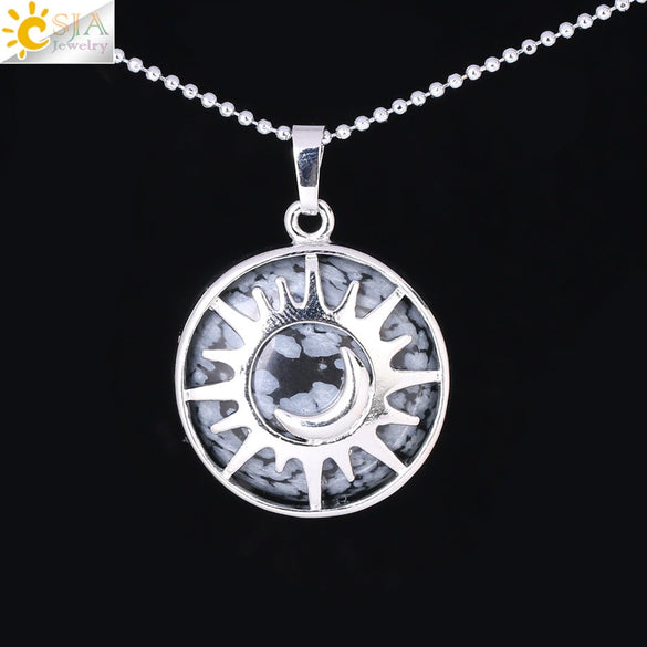Minimalist Sun And Moon Round Pendant Necklace With Natural Stone Copper Ball Chain Electroplated Symbol Jewelry