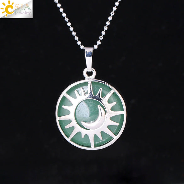 Minimalist Sun And Moon Round Pendant Necklace With Natural Stone Copper Ball Chain Electroplated Symbol Jewelry