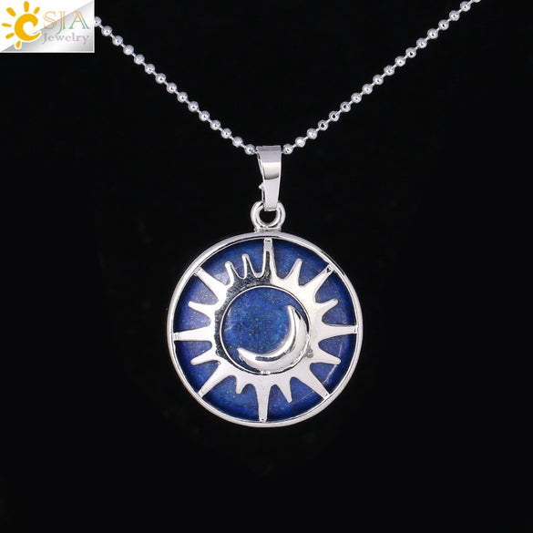 Minimalist Sun And Moon Round Pendant Necklace With Natural Stone Copper Ball Chain Electroplated Symbol Jewelry