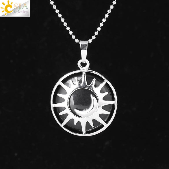 Minimalist Sun And Moon Round Pendant Necklace With Natural Stone Copper Ball Chain Electroplated Symbol Jewelry