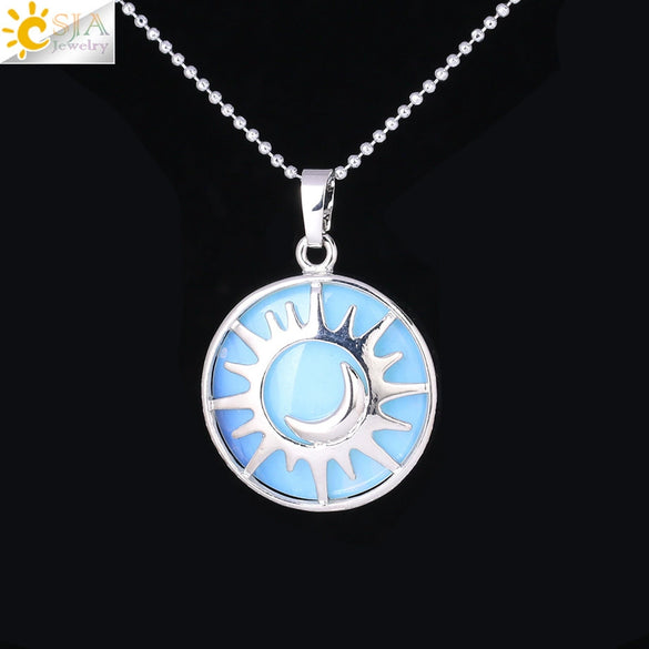Minimalist Sun And Moon Round Pendant Necklace With Natural Stone Copper Ball Chain Electroplated Symbol Jewelry