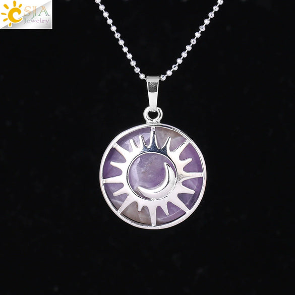 Minimalist Sun And Moon Round Pendant Necklace With Natural Stone Copper Ball Chain Electroplated Symbol Jewelry