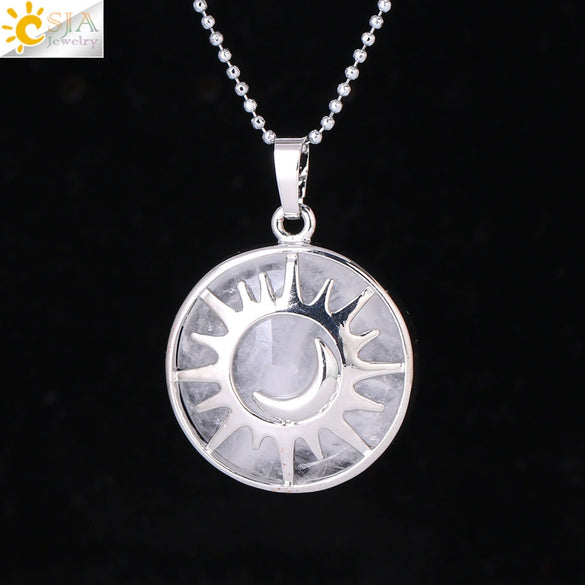 Minimalist Sun And Moon Round Pendant Necklace With Natural Stone Copper Ball Chain Electroplated Symbol Jewelry