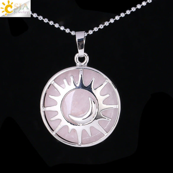 Minimalist Sun And Moon Round Pendant Necklace With Natural Stone Copper Ball Chain Electroplated Symbol Jewelry