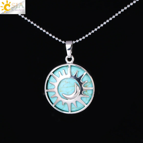 Minimalist Sun And Moon Round Pendant Necklace With Natural Stone Copper Ball Chain Electroplated Symbol Jewelry