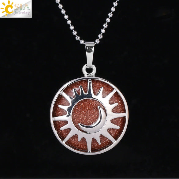 Minimalist Sun And Moon Round Pendant Necklace With Natural Stone Copper Ball Chain Electroplated Symbol Jewelry