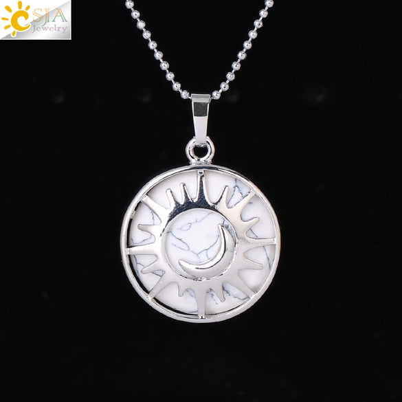 Minimalist Sun And Moon Round Pendant Necklace With Natural Stone Copper Ball Chain Electroplated Symbol Jewelry