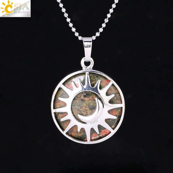 Minimalist Sun And Moon Round Pendant Necklace With Natural Stone Copper Ball Chain Electroplated Symbol Jewelry