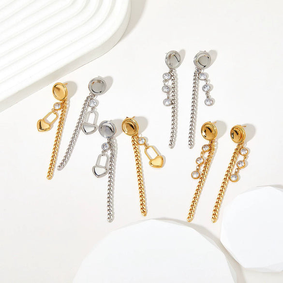 Minimalist Symmetrical Tassel Zircon Heart Shaped Stud Earrings In Stainless Steel With Vacuum Electroplating For Women