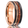 Minimalist Tungsten Steel Ring With Wood Veneer Flat Sanded Surface Black And Rose Gold Twotone Electroplated Finish