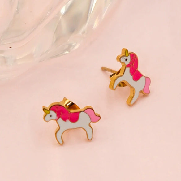 Minimalist Unicorn Stainless Steel Earrings With Bow Tie Pattern And Electroplating Treatment