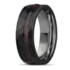Minimalist Unisex Tungsten Steel Ring With Flat Hammered Black Electroplated Finish And Red Opal Stone Geometric Design