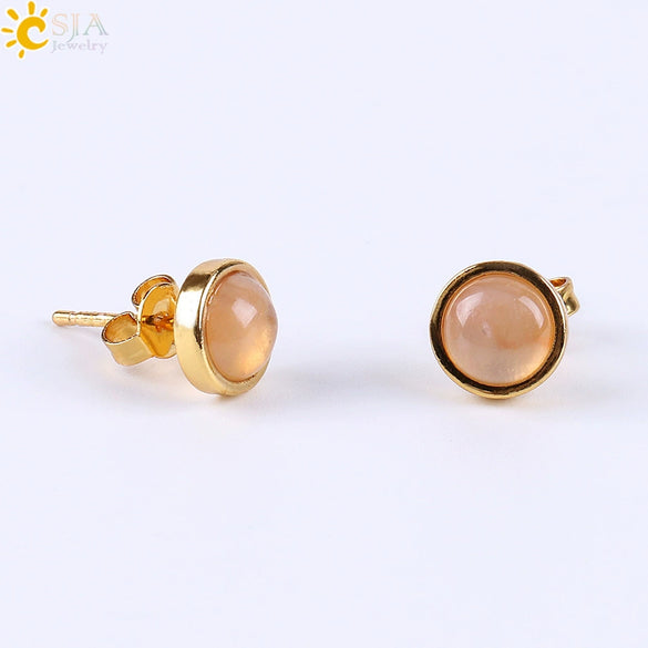Minimalist Women's Natural Stone Earrings With Multicolor Convex Bean Design And Diamond Accent