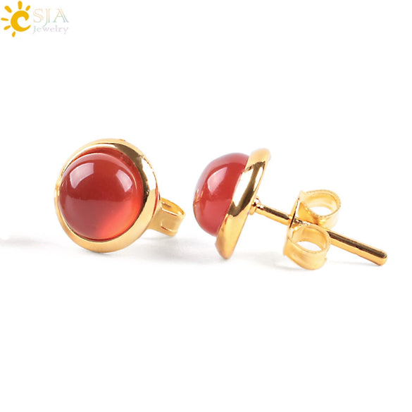 Minimalist Women's Natural Stone Earrings With Multicolor Convex Bean Design And Diamond Accent