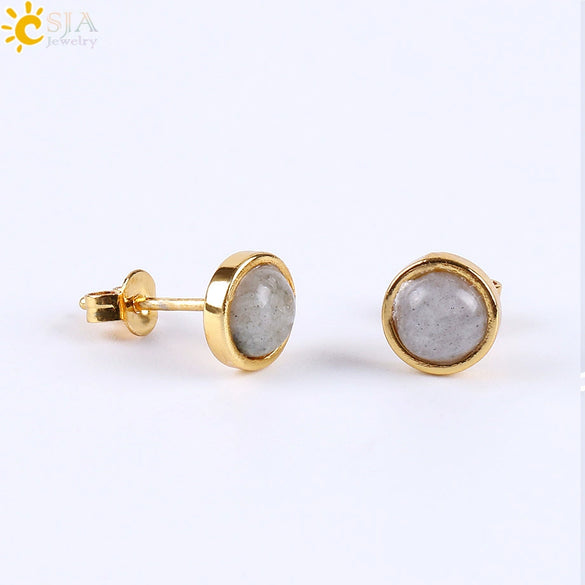 Minimalist Women's Natural Stone Earrings With Multicolor Convex Bean Design And Diamond Accent