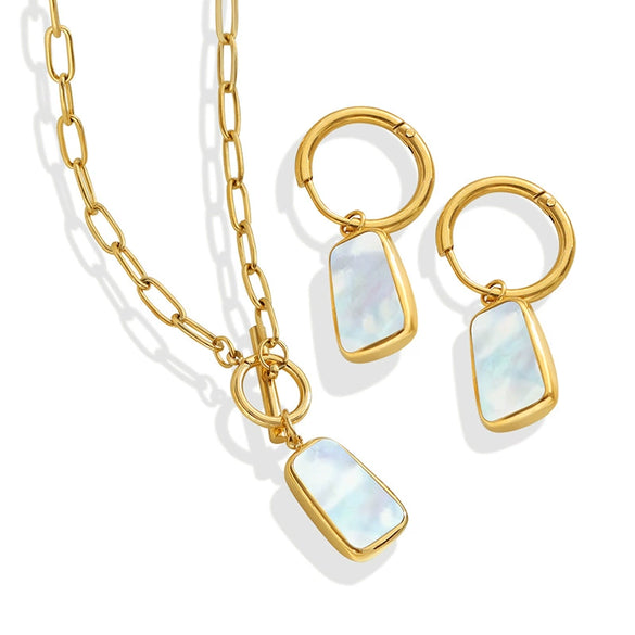 Minimalist Women's Natural White Sea Shells Inlay 316L Stainless Steel Pendant Necklace And Earrings Jewelry Set