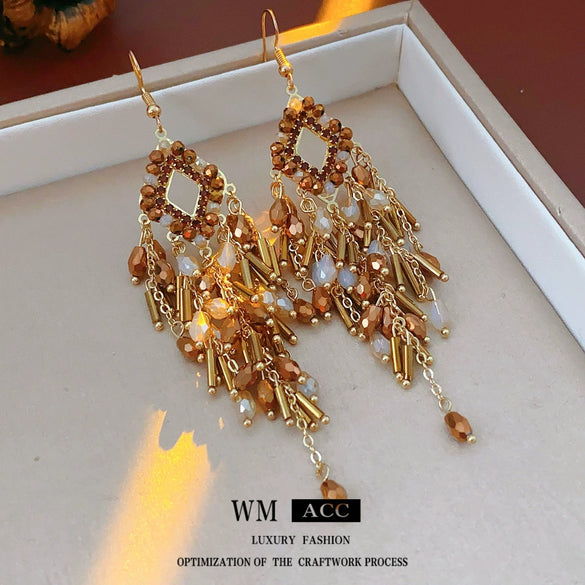 Mixed Materials Geometric Glass Crystal Tassel Earrings Set With Diamonds For Women Highend Retro Style