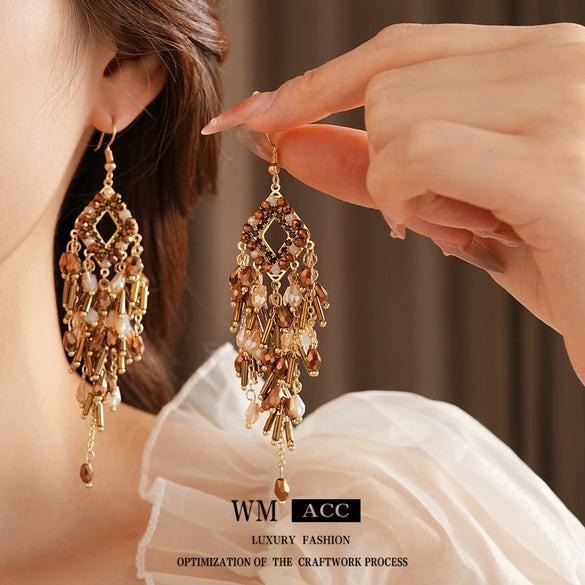 Mixed Materials Geometric Glass Crystal Tassel Earrings Set With Diamonds For Women Highend Retro Style