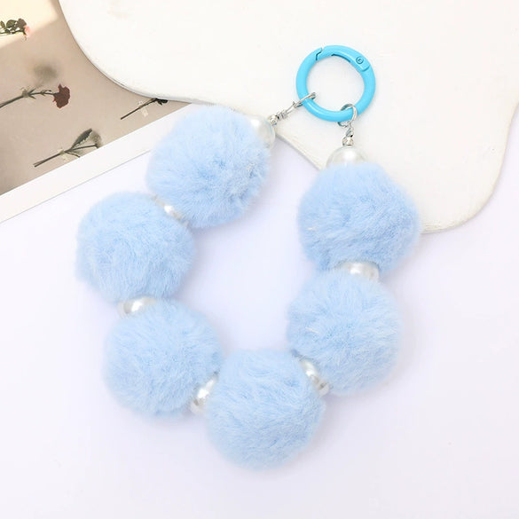 Mobile Phone Case Bag Pendant For Women Plush Fur Ball Handmade Beaded Portable Chain Short Wrist Strap