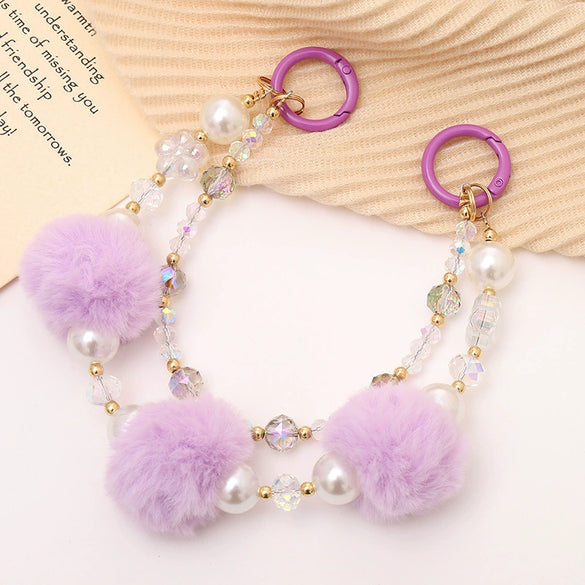 Mobile Phone Case Bag Pendant For Women Plush Fur Ball Handmade Beaded Portable Chain Short Wrist Strap