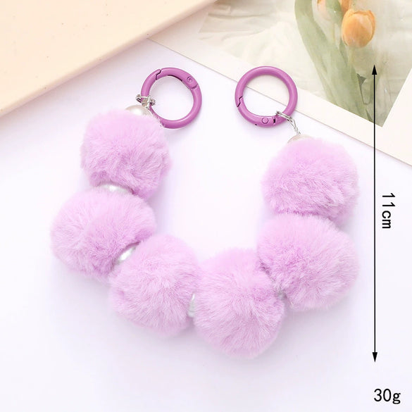 Mobile Phone Case Bag Pendant For Women Plush Fur Ball Handmade Beaded Portable Chain Short Wrist Strap