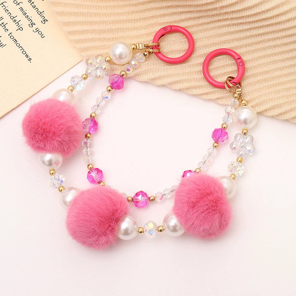 Mobile Phone Case Bag Pendant For Women Plush Fur Ball Handmade Beaded Portable Chain Short Wrist Strap