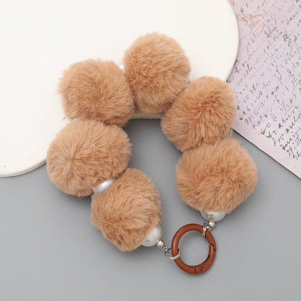 Mobile Phone Case Bag Pendant For Women Plush Fur Ball Handmade Beaded Portable Chain Short Wrist Strap