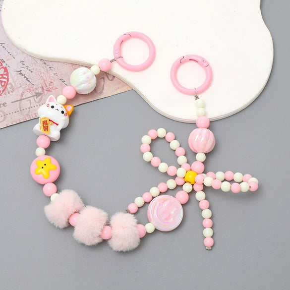 Mobile Phone Case Bag Pendant For Women Plush Fur Ball Handmade Beaded Portable Chain Short Wrist Strap