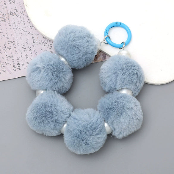 Mobile Phone Case Bag Pendant For Women Plush Fur Ball Handmade Beaded Portable Chain Short Wrist Strap