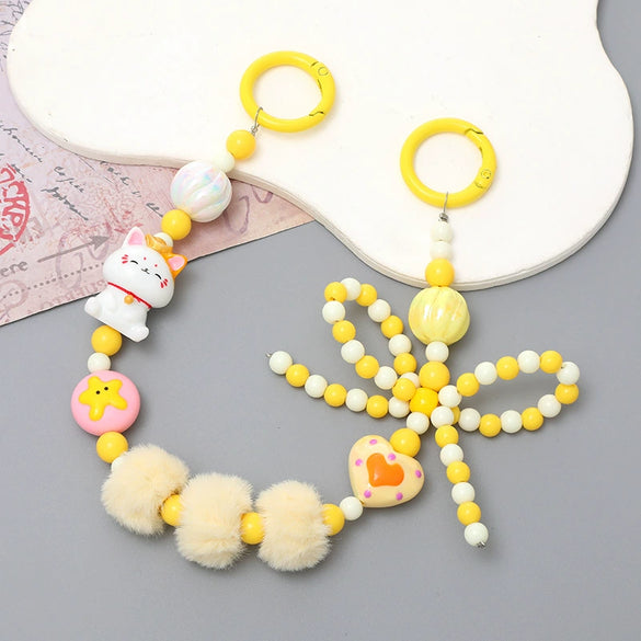 Mobile Phone Case Bag Pendant For Women Plush Fur Ball Handmade Beaded Portable Chain Short Wrist Strap