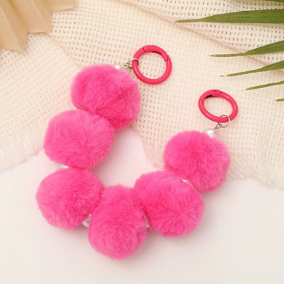 Mobile Phone Case Bag Pendant For Women Plush Fur Ball Handmade Beaded Portable Chain Short Wrist Strap