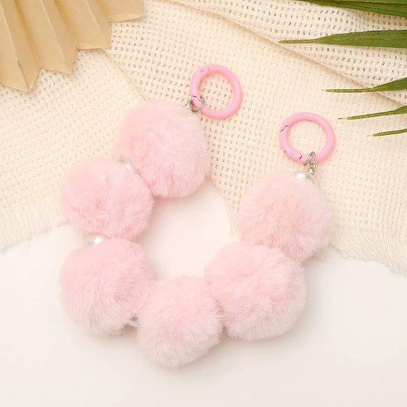 Mobile Phone Case Bag Pendant For Women Plush Fur Ball Handmade Beaded Portable Chain Short Wrist Strap