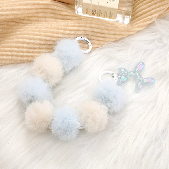 Mobile Phone Case Bag Pendant For Women Plush Fur Ball Handmade Beaded Portable Chain Short Wrist Strap