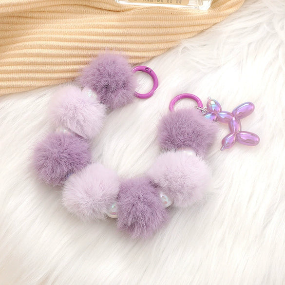 Mobile Phone Case Bag Pendant For Women Plush Fur Ball Handmade Beaded Portable Chain Short Wrist Strap
