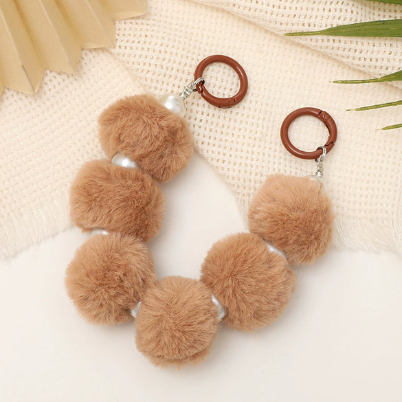Mobile Phone Case Bag Pendant For Women Plush Fur Ball Handmade Beaded Portable Chain Short Wrist Strap