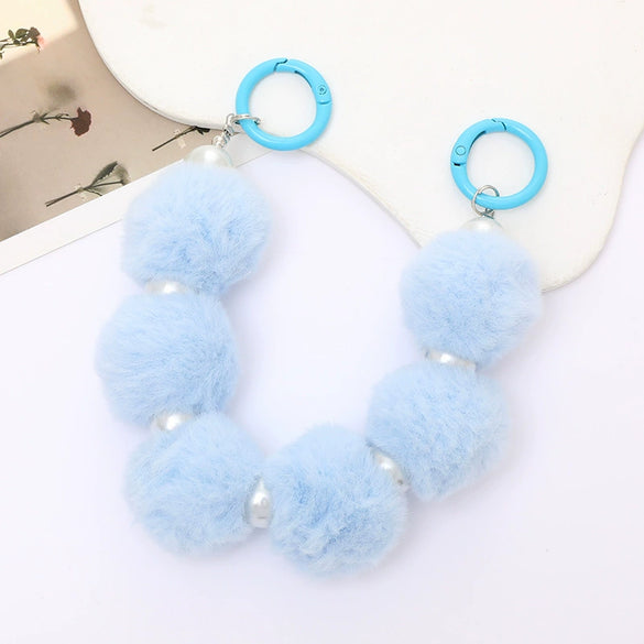 Mobile Phone Case Bag Pendant For Women Plush Fur Ball Handmade Beaded Portable Chain Short Wrist Strap
