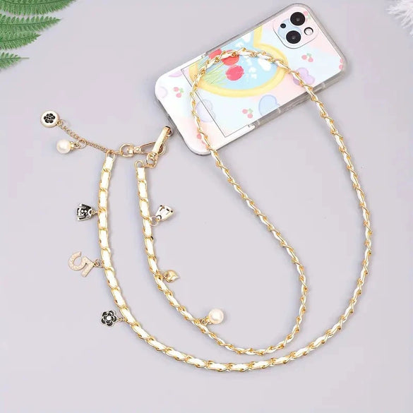 Mobile Phone Chain Accessories Pearl Leather Metal Handmade Love Letter C Style For Women